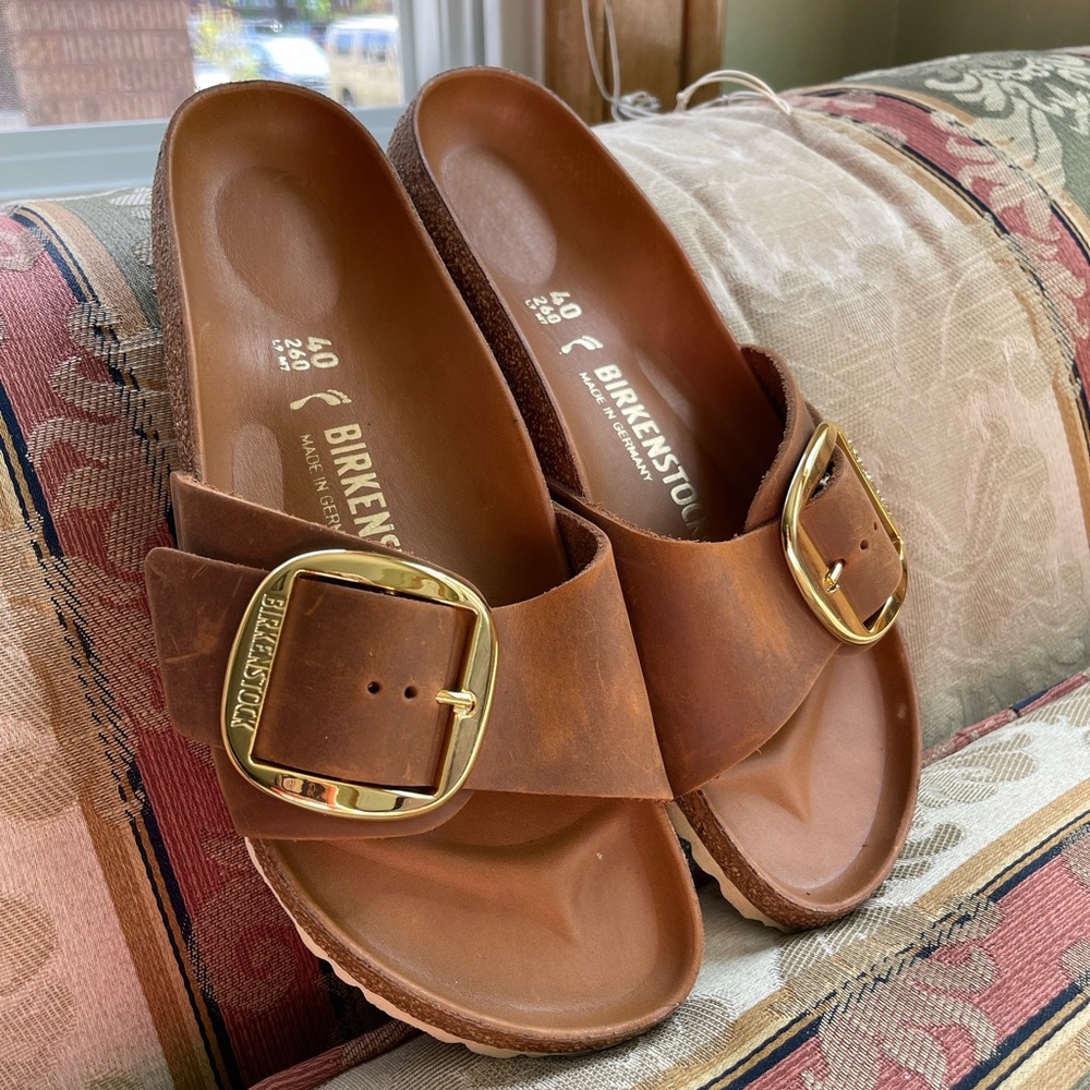 Birkenstock Brown Sandals with Gold Buckle